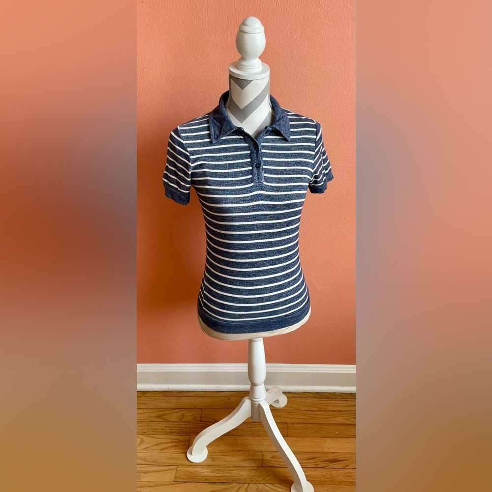 Topshop Navy and White Striped Polo Shirt